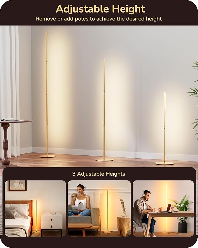 EDISHINE LED Corner Floor Lamp, Set of 2, Dimmable, Adjustable Standing Light, 7 Color Temperature 3000-6000K, Modern Minimalist Floor Lamp for Bedroom, Living Room, Office, Gold