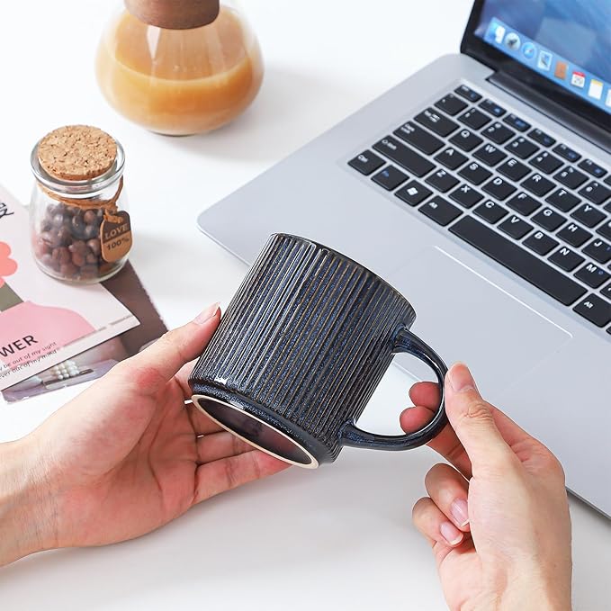 Coffee Mugs Set of 4, 12 OZ Ceramic Coffee Mugs with Handle, Vertical Stripes Coffee Cups Set for Latte/Tea/Cocoa/Milk, Microwave and Diahwasher Safe (Star Blue)