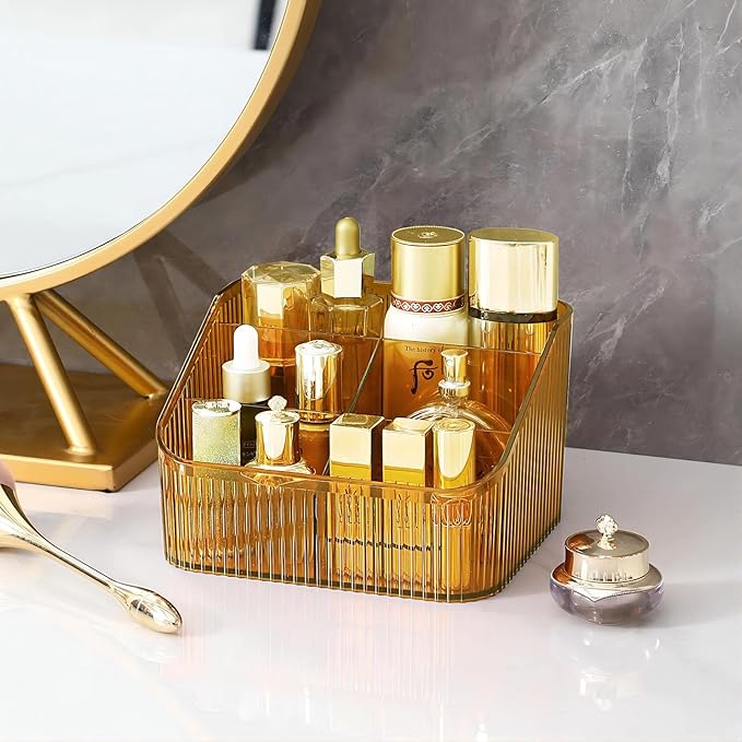 DASITON Large Capacity Makeup Brush Holder,5 Slot Makeup Brush Cup,Vintage striped Make Up Brush Holder,for Vanity Decor,Bathroom Countertops,Desk Storage Container,Cosmetic Display cases(Amber-L)