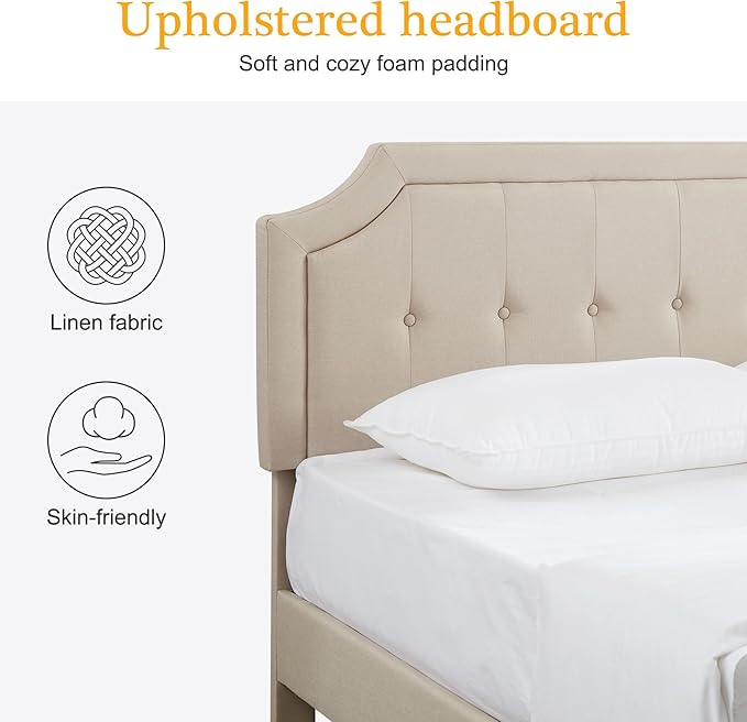 VECELO Queen Size Platform Bed Frame with Fabric Upholstered Headboard and Wooden Slats Support, No Box Spring Needed/Easy Assembly,Beige