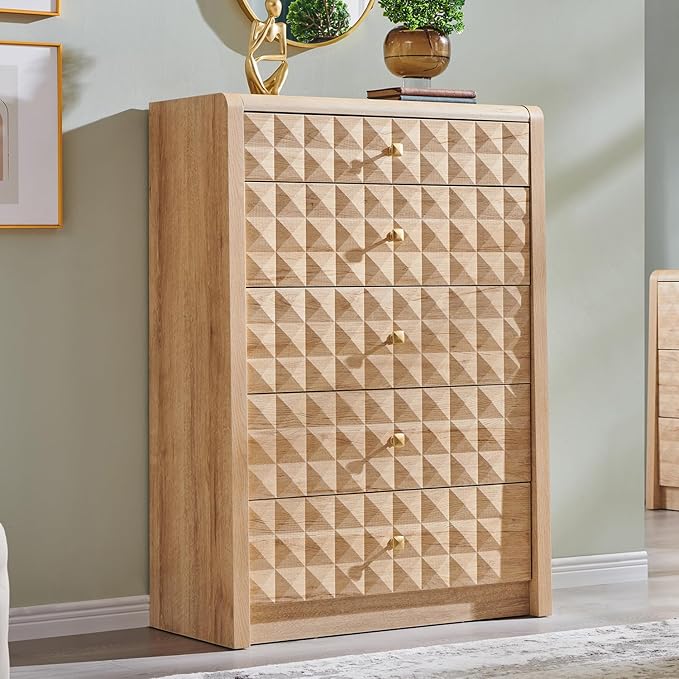Modern 5 Drawer Dresser for Bedroom, Wooden Tall Dressers &Chests of Drawers w/Two Different Drawer Sizes, Mid Century Modern Dresser w/Diamond Panel Decorate for Bedroom,Curved Profile Design,Natural