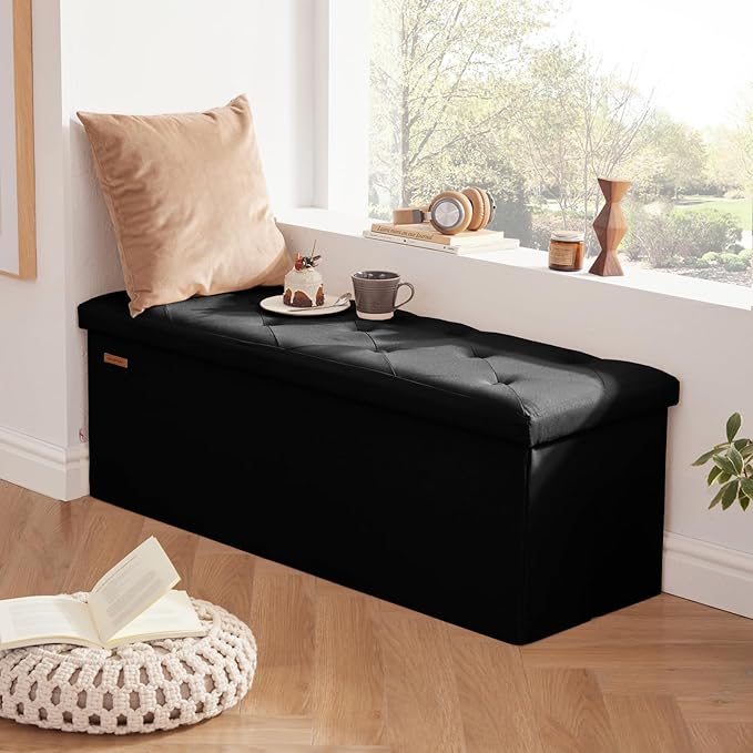 HAUSFRAU 43.3 Inches Ottoman with Storage Bench, Folding Ottoman Bench Foot Rest Stool, Bedroom Bench with Flipping Lid, Linen Black