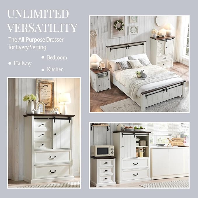 Farmhouse 5 Drawers Dresser for Bedroom, 47" Tall Chest of Drawers w/Sliding Barn Door, Rustic Wood Dressers Organizer w/Adjustable Shelves for Bedroom, Living Room, Kitchen-Antique White