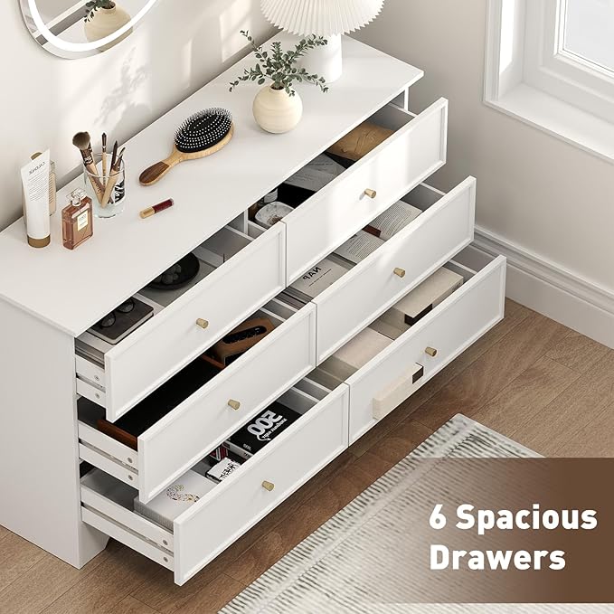 Bonzy Home White 6 Drawers Dresser, Modern Wide Chest of Drawers Dresser with Golden Handles, Wood Storage Organizer for Bedroom, Living Room, Hallway