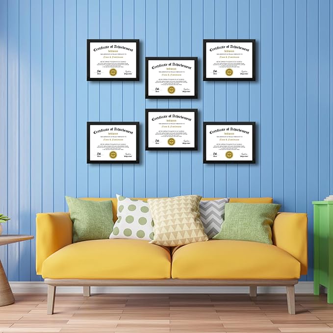 8.5x11 Picture Frames Certificate Document Frame Set of 6 with Real Glass, Diploma Frame for Wall Gallery or Tabletop display in Black