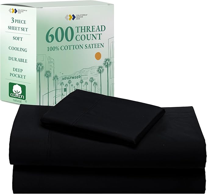 California Design Den Twin XL Sheets Set - Luxury 600 Thread Count Sateen, Natural 100% Cotton Sheets, Fully Elasticized Deep Pockets, Crisp, Cool and Durable Bedding for Dorm Room - Black