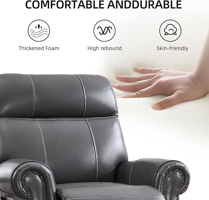 Phoenix Home Genuine Leather Power Lift Recliner Chair for Elderly with Massage and Heating, Electric Recliner for Seniors with Extended Footrest, Type-C and USB Port, Side Pocket, Grey