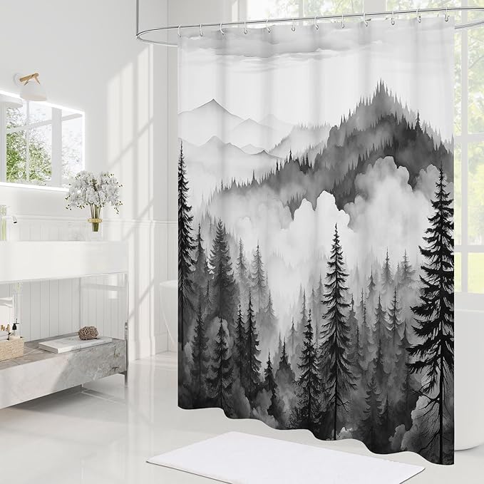 Black Small Stall Misty Pine Forest Shower Curtain 36 x 72, Mountain Foggy Woodland Scenery Tree Narrow Half Size Shower Curtains for Bathroom, Abstract Waterproof Nature-Themed Decor