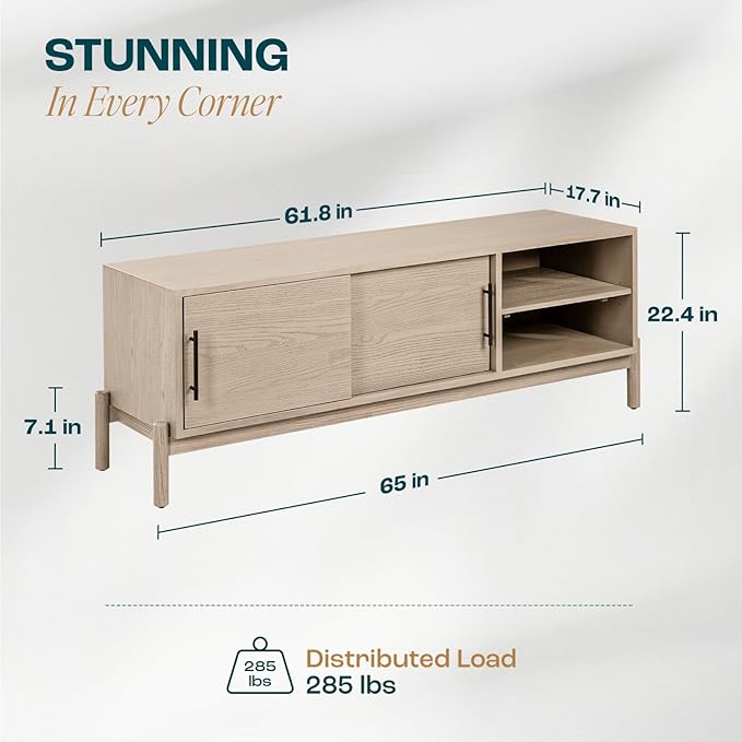 Bme Lyra 65 Inch Solid Wood TV Stand - Easy Assembly - Entertainment Center with Storage - Mid Century TV Console for Living Room, Bedroom, Guest Room, Oak Light Grey