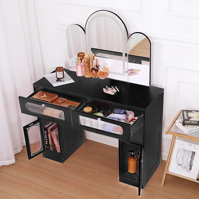 Vanity Desk with Arched Tri-Fold Mirror, Dimmable Vanity Table, LED RGB Makeup Vanity with 2 Drawers, 2 Open Storage Area & 2 Cabinets, Gifts for Girls/Women, Dressing Table (Black)