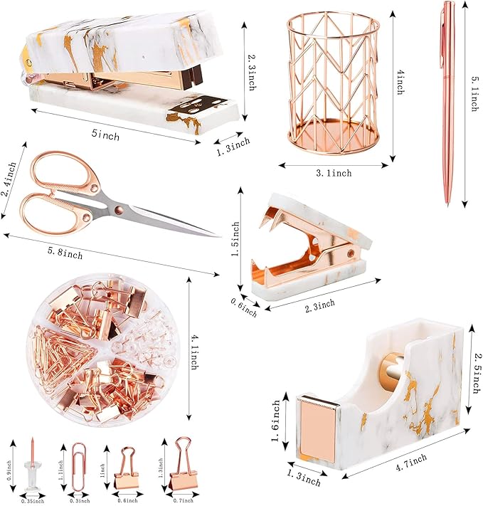 Rose Gold Marble Desk Accessories, Office Supplies Set Stapler Staple Remover, Tape Holder, Pen 2 Ballpoint Pen, Scissor, Binder Clips, Paper Clips and 1000pcs Staples