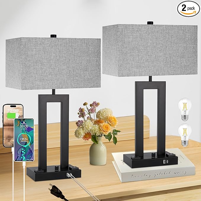 Modern Table Lamps Set of 2-22" Tall Bedside Lamps with USB-C/USB-A Charge Ports & Outlet, Stepless Dimmable Fabric Gray Shade Nightstand Lamps for Bedroom & Living Room