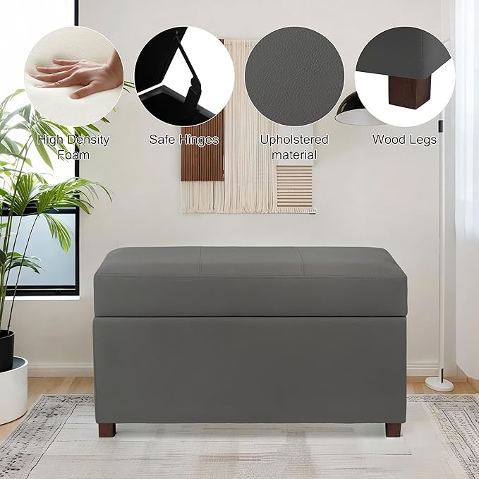 Asense Storage Ottoman Bench –32 Inch Stylish Compact Design with Storage, Extra Seating & Modern Leather Appeal for Living Room, Bedroom, Entryway， Slate Gray