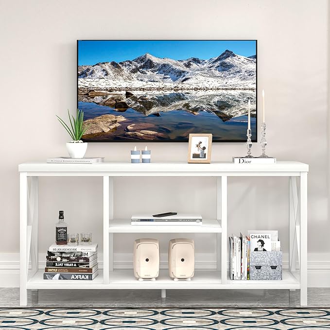 EXCEFUR Modern White TV Stand with Storage Shelves, Entertainment Center for TV up to 55 inch, Media TV Console Table and TV Cabinet for Living Room Bedroom, 47 Inch