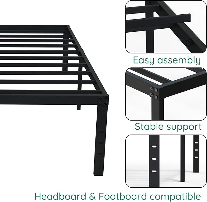 18 Inch Twin Bed Frame Heavy Duty No Box Spring Needed Metal Platform with Maximum Storage, Easy Assembly, Noise Free, Black
