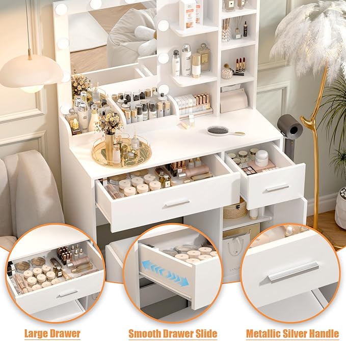 Vanity Desk with Mirror and Lights， Makeup Vanity Desk with Lights 3 Colors，Dressing Table with 10 Bulbs Light, Power Outlet & 2 Drawers and Vanity Stool, for Bedroom Dressing Room (White)