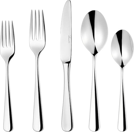 Luciella Tropea Flatware Set for 12, 65-Piece Premium 18/10 Stainless Steel Silverware Set with Serving Utensils, Modern Mirror Finish, Rust Resistant, Dishwasher Safe