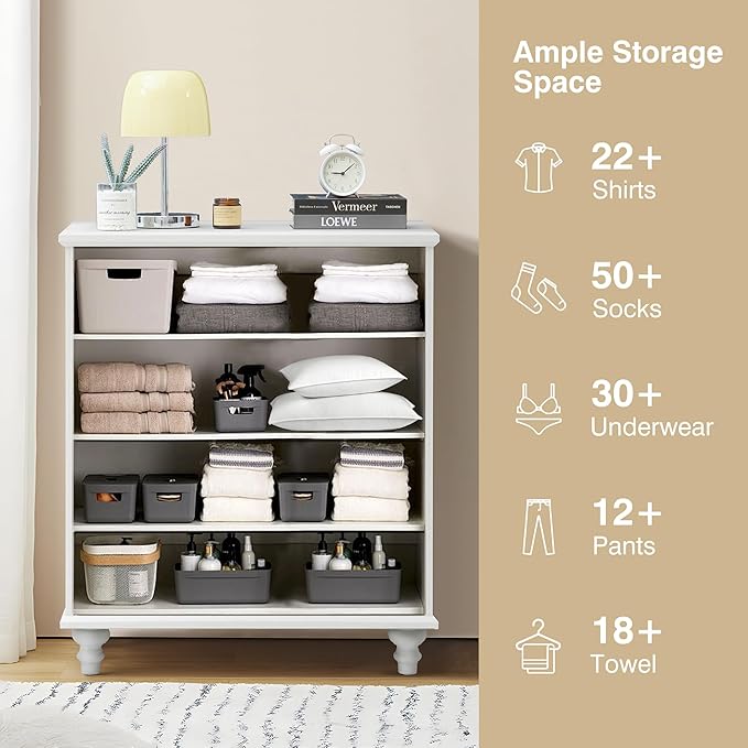 4 Drawer Dresser for Bedroom, Mid Century Modern Wide Wood Rustic Chest of Drawers Wooden Storage Organizer Dressers with Burlap Rattan Drawers for Living Room, Hallway Closet, Entryway, Beige White