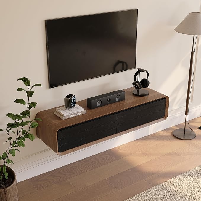 POVISON Fully-Assembled Minimalist Floating TV Stand, Modern Wall-Mounted Entertainment Center with 2 Flip-Down Cabinet Doors, Solid Wood Media Console, Walnut & Black, 47.24"