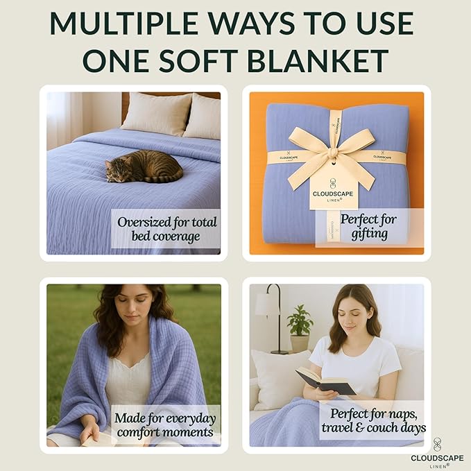 Extra Large 4 Layer Muslin Throw Blanket, 100% Cotton Blanket for Couch, Bed,Sofa, Home Decor,Pre-Washed Gauze, Best Summer Blanket, 50x70, Lavender Blue