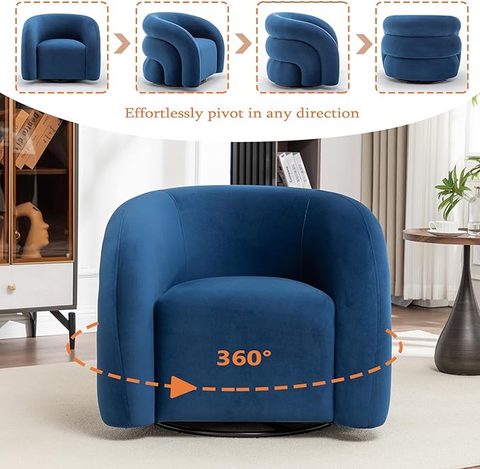 34.6" Velvet Swivel Accent Chair, Modern Round Armchair for Living Room,Upholstered Comfy Sofa Barrel Chairs for Bedroom Reading Apartment Lounge,Fully Assembled(Navy Blue)