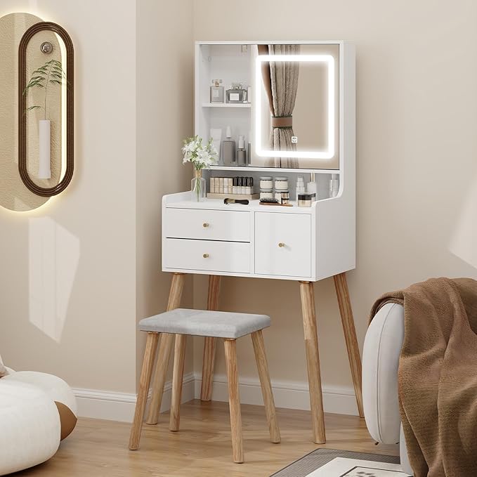 YOURLITE Small Vanity Desk with Mirror and Lights,Makeup Vanity Table with Chair and Drawers for Small Space, Compact Dressing Table with Sliding Door for Bedroom