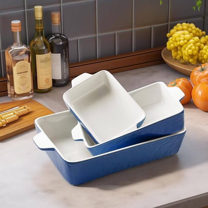 Casserole Dishes for Oven, Ceramic Baking Dishes, Lasagna Pan with Handles, Porcelain Baking Pan Deep, Bakeware for Baking, Cooking, Wedding Gift, Set of 3 (11.6" x 7.8", Dark Blue)