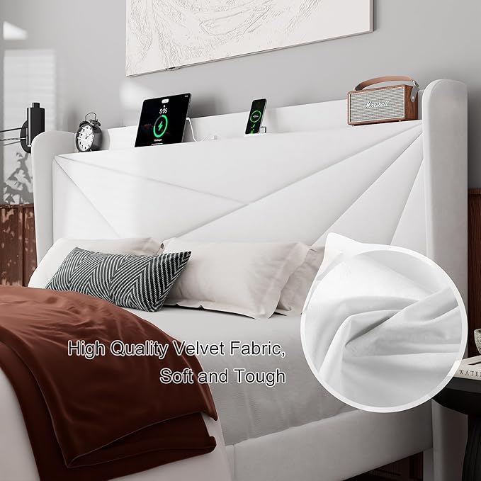 Feonase King Bed Frame with Charging Station, Velvet Upholstered Platform BedFrame with Wingback Storage Headboard, Solid Wood Slats Support, No Box Spring Needed, Noise Free, White