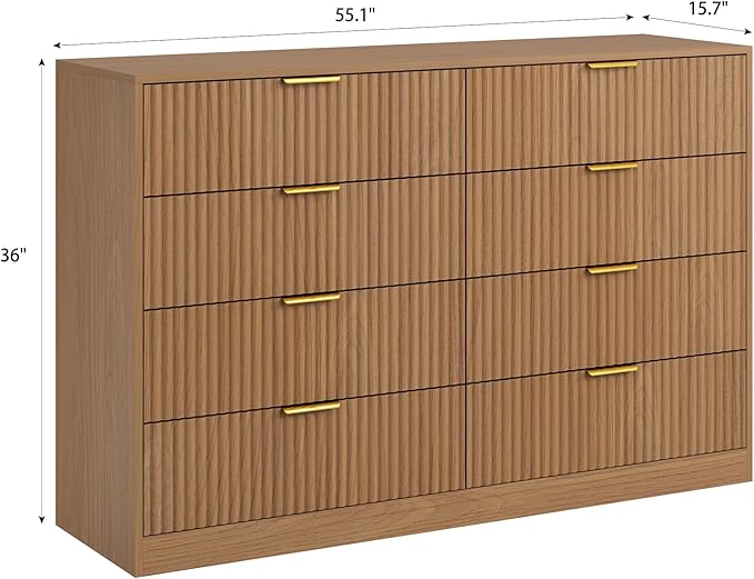 8 Drawer Dresser for Bedroom, Modern Fluted Double Dresser, 55" Wide Chest of Dressers, Mid Century Wooden Beside Table for Closet, Living Room and Entryway, Natural