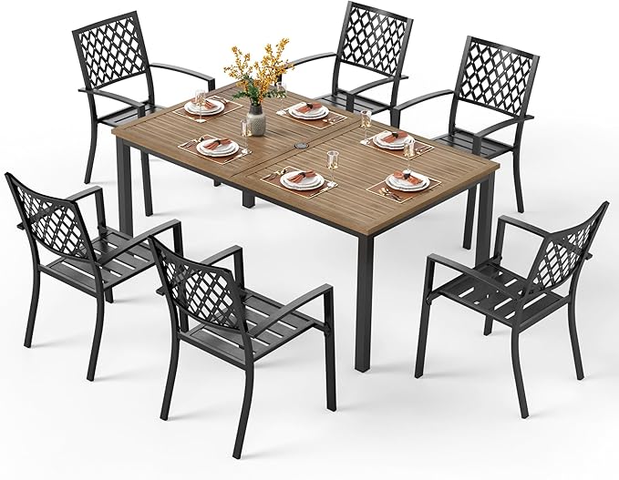 PHI VILLA Patio Dining Set Metal Table and Chairs Furniture 7 Piece, Large with Umbrella Hole 6 Backyard Garden Support 300LBS for Deck, Lawn, Garden, Black, 64'' x 38'' x 29''