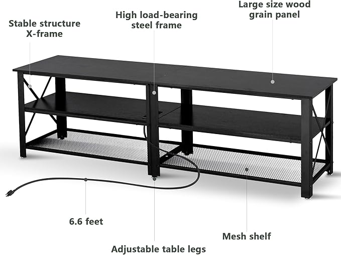 Clikuutory Modern Black 63 inch Metal TV Stand with LED Lights and Power Outlets for 40 50 55 60 65 70 Inch TVs, 3 Tier Television Stands with Entertainment Center and Storage for Living Room, Bedroom