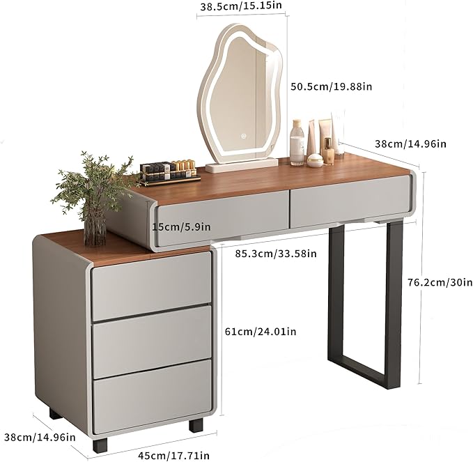 Vanity Desk with Mirror and LED Lights| Small Makeup Table with 5 Drawers and Adjustable Storage Cabinet| Modern Space-Saving Dressing Table for Bedroom(Walnut Top with Gray Base)
