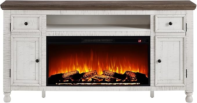 AMERLIFE 70” Fireplace TV Stand for TVs up to 75”, Solid Wood Entertainment Center with 36”Electric Fireplace Insert, Farmhouse Media Console with Storage, Distressed White