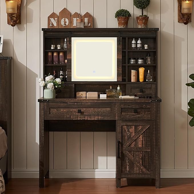 42'' Farmhouse Makeup Vanity Desk with Sliding Mirror and Lights, Glass Tabletop Vanity Table with Barn Door, 4 Drawers & Hidden Shelves, Rustic Big Vanity Women Dressing Table, Dark Oak