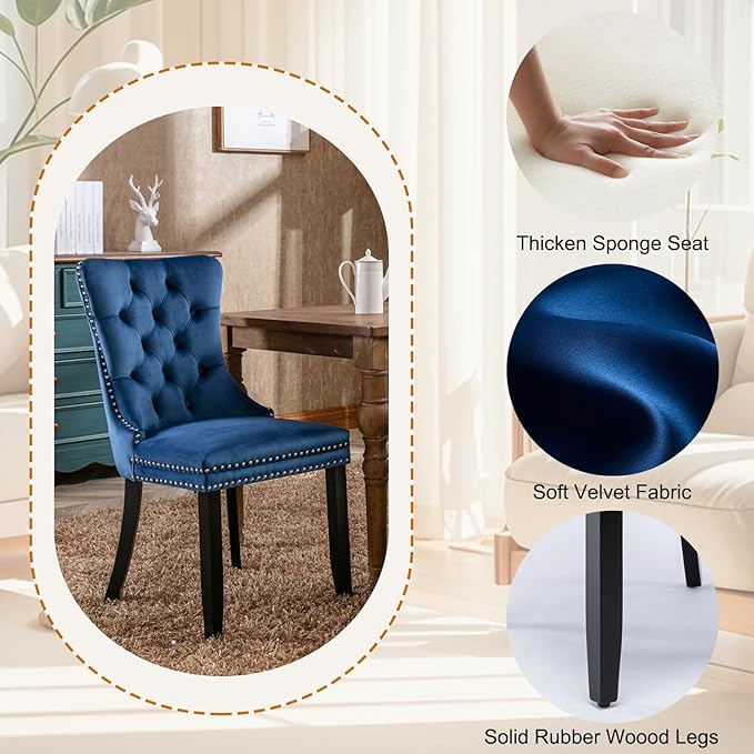 3-Piece Faux Marble Round Dining Table Set for 2, Modern Luxury Kitchen Table Set for 2 with Blue Tufted Chairs,Circle Dining Tables with White Marble Grain Top and Black Pedestal Base