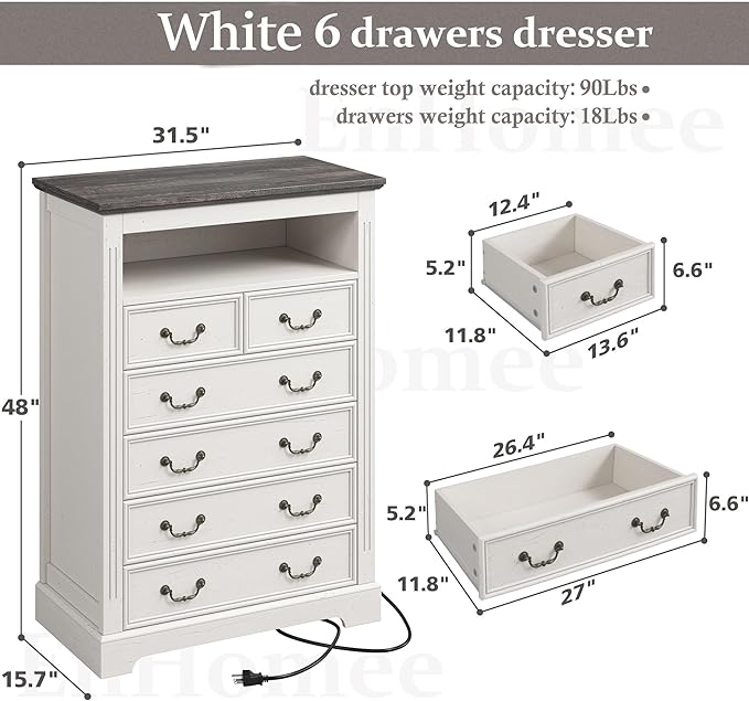 EnHomee Farmhouse 6 Drawer Dresser for Bedroom LED Light & Power Outlets, 48" H Wood Dressers & Chests of Drawers with Natural Texture, Hallway, Antique White