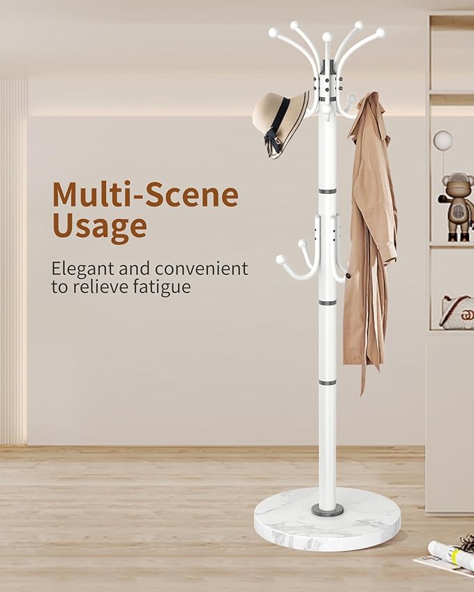 Metal Coat Rack Stand with Natural Marble Base, Modern Coat Rack Freestanding, 360°Rotary Coat Racks with 14 Hooks, White Coat Stand Hall Tree Hanger Stand for Entryway, Office，Corner