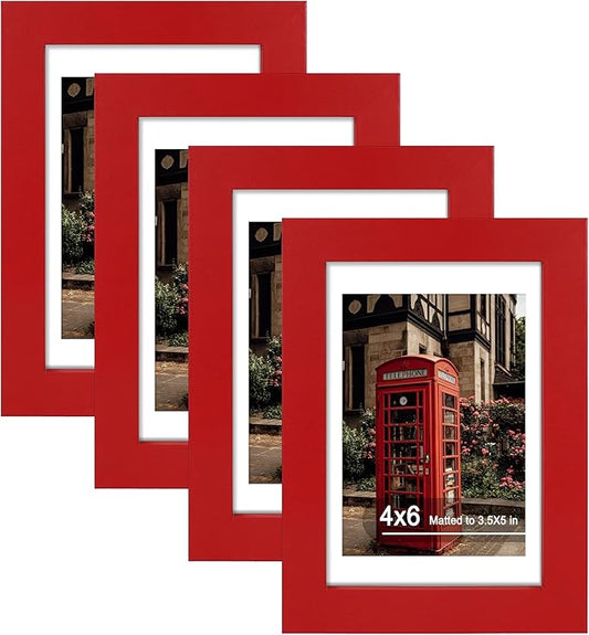 4x6 Picture Frame Set of 4, High Definition Real Glass, Display Pictures 3.5x5 with Mat or 4x6 Without Mat, Gallery Wall Hanging or Tabletop Photo Frames, Red