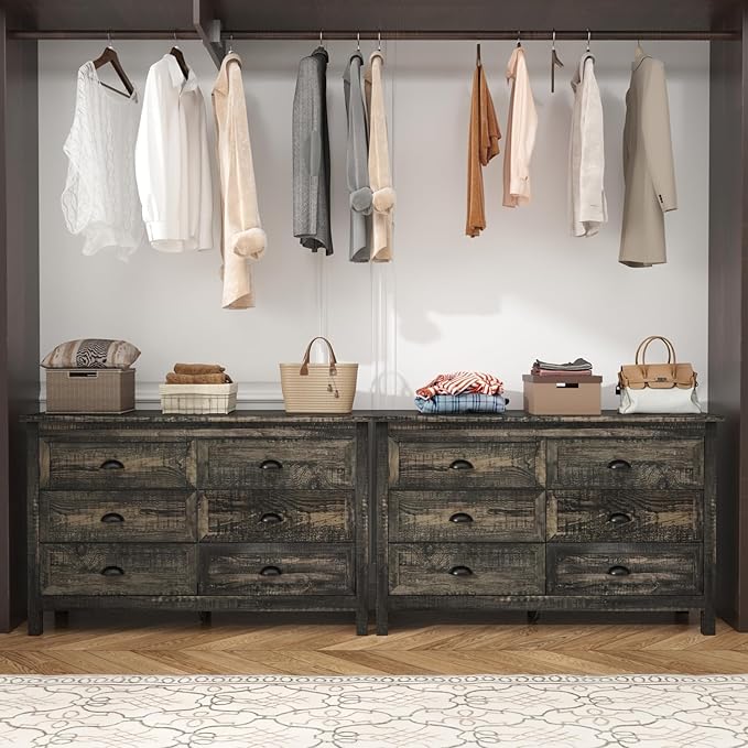 Wananlanen® Farmhouse Dresser for Bedroom, Wooden Tall Rustic Dresser for Bedroom, Hallway (Dark Oak, 6 Drawer)