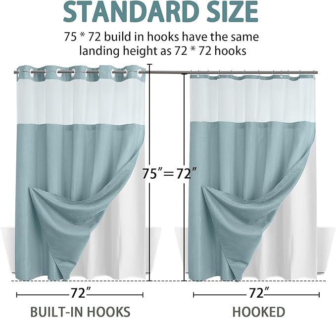 YellyHommy No Hook Shower Curtain with Snap in Liner Set Less Time Waffle Shower Curtain for Bathroom 75" L x 72" W Cyan