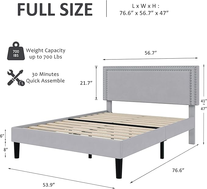 VECELO Full Size Bed Frame with Adjustable Upholstered Headboard, Wooden Slats Platform, Noise-Free Design, Easy Assembly