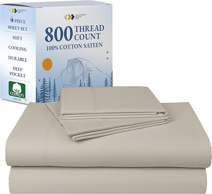 California Design Den Deep Pocket King Sheet Set - Luxury 800 Thread Count Sheets King, 100% Cotton Sateen Bedding Set - Cooling & Softer Than Egyptian Cotton Sheets (Beige)