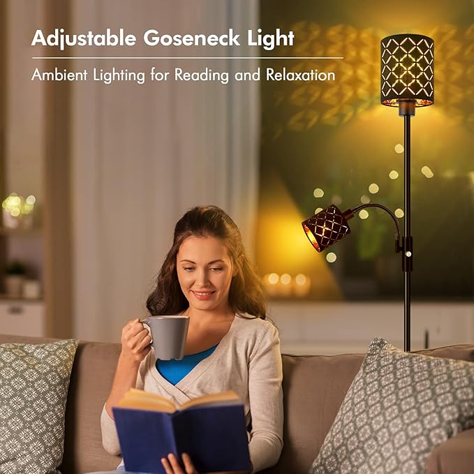 Gothic Black Floor Lamp with Adjustable Reading Light, 71" LED Torchiere Standing Lamp with Gold-Lined Shade, 3-Way Switch, Bulbs Included — Moody Industrial Decor for Bedroom & Living Room