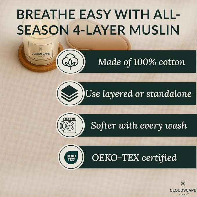 Extra Large 4 Layer Muslin Throw Blanket, 100% Cotton Blanket for Couch, Bed,Sofa, Home Decor,Pre-Washed Gauze, Best Summer Blanket, 50x70, Beige Fog