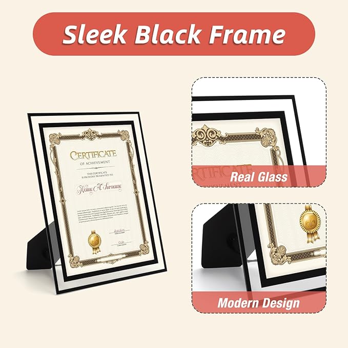 Rempry 8.5x11 Picture Frame Set of 12, Black Glass Photo Frames 8.5 by 11 for Certificate Diploma Document, Vertical or Horizontal Tabletop Display