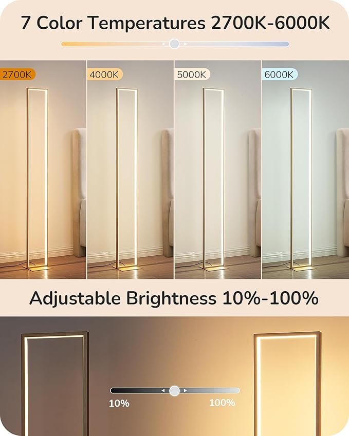 EDISHINE LED Floor Lamp, 55" Modern Minimalist Rectangular Corner Light 3000K-6000K Dimmable, Remote Control & Foot Switch, Metal Base Standing Lamps for Living Room, Bedroom, Office, Gold