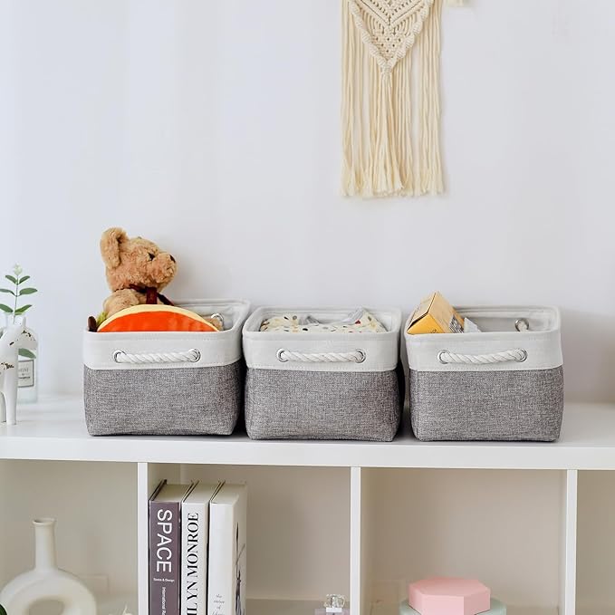 TheWarmHome Storage Bins for Shelves - 13.8L×9.8W×6.7H inch 3 Pack Medium Collapsible Storage Baskets for Organizing | Fabric Storage Cubes for Linen Closet Toy Home (White&Grey)