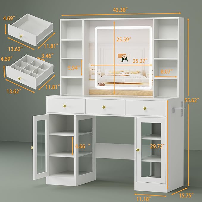 Vanity Desk with Mirror and Lights, White Makeup Vanity with Glass Top & Drawers, 3 Lighting Modes, Power Outlet, RGB Glass Cabinets, Modern Dressing Table for Bedroom, Girls, Women, Teens