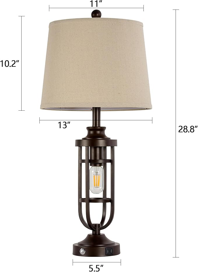 28.8" Farmhouse Table Lamps for Living Room Set of 2, 3-Way Dimmable Touch Lamps with USB Ports, Rustic Nightstand Lamps for Bedroom End Tables, Bulbs Included