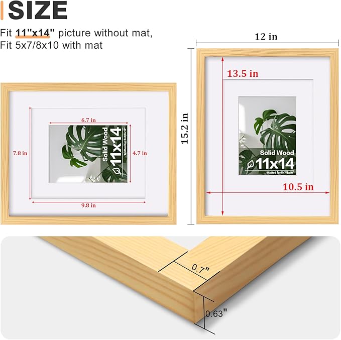 Egofine 11x14 Picture Frame Natural Wood Made of Solid Wood with Plexiglass, Display Pictures 5x7/8x10 with Mat or 11x14 Without Mat, for Tabletop and Wall Mounting Photo Frame